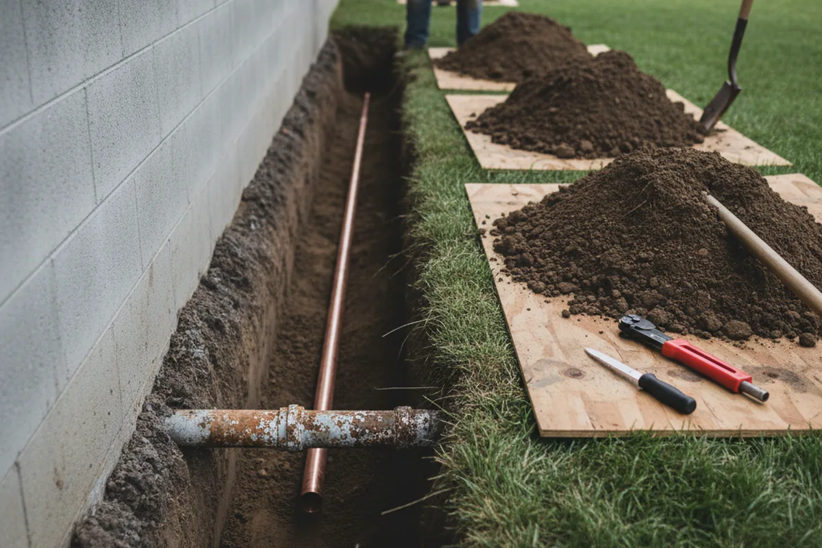 Excavated water line trench during Water Softener Installation in Buellton